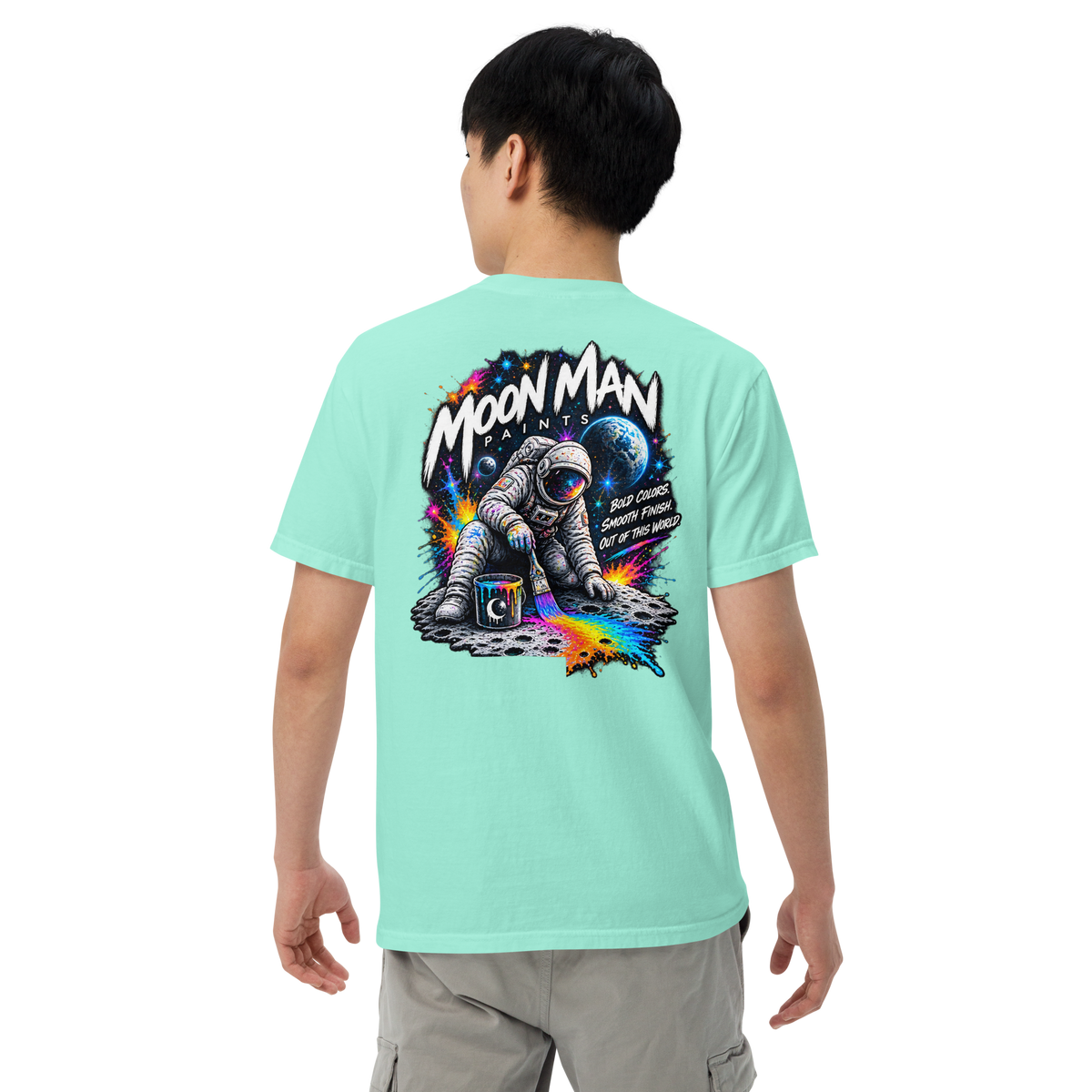 Moon Man Paints Paint Beyond Limits Heavyweight Tee — Light Colors — Chalky Mint — back view on man model