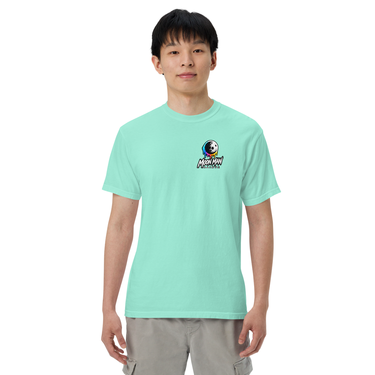 Moon Man Paints Paint Beyond Limits Heavyweight Tee — Light Colors — Chalky Mint — front view on man model