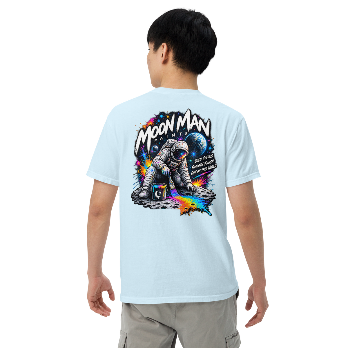Moon Man Paints Paint Beyond Limits Heavyweight Tee — Light Colors — Chambray — back view on man model
