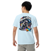 Moon Man Paints Paint Beyond Limits Heavyweight Tee — Light Colors — Chambray — back view on man model