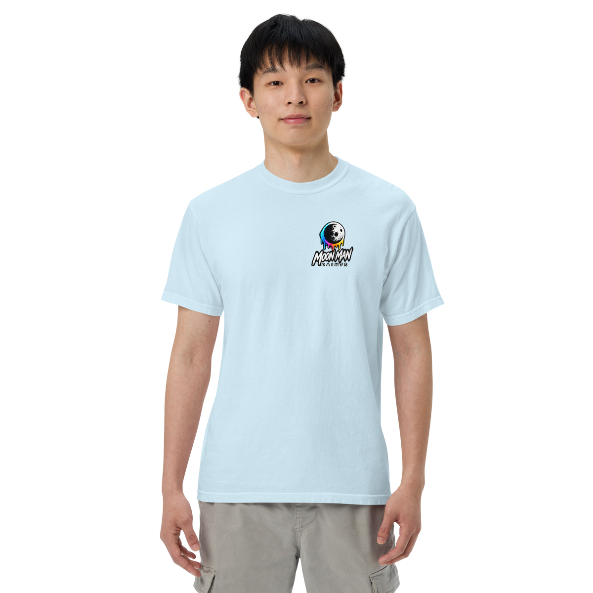 Moon Man Paints Paint Beyond Limits Heavyweight Tee — Light Colors — Chambray — front view on man model