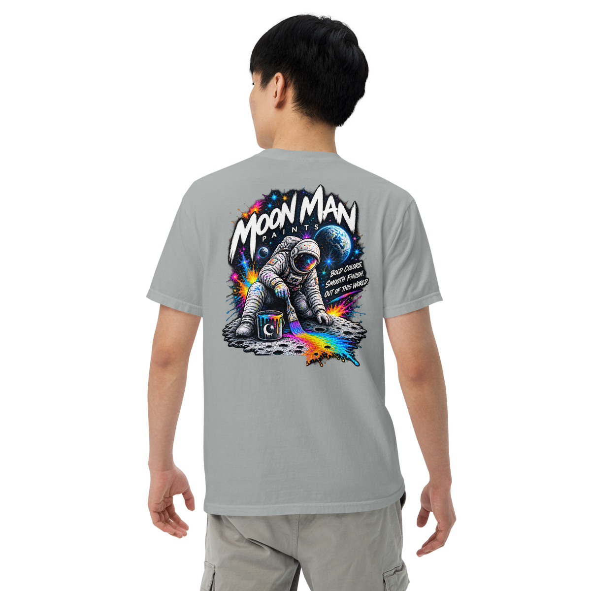 Moon Man Paints Paint Beyond Limits Heavyweight Tee — Light Colors — Granite — back view on man model
