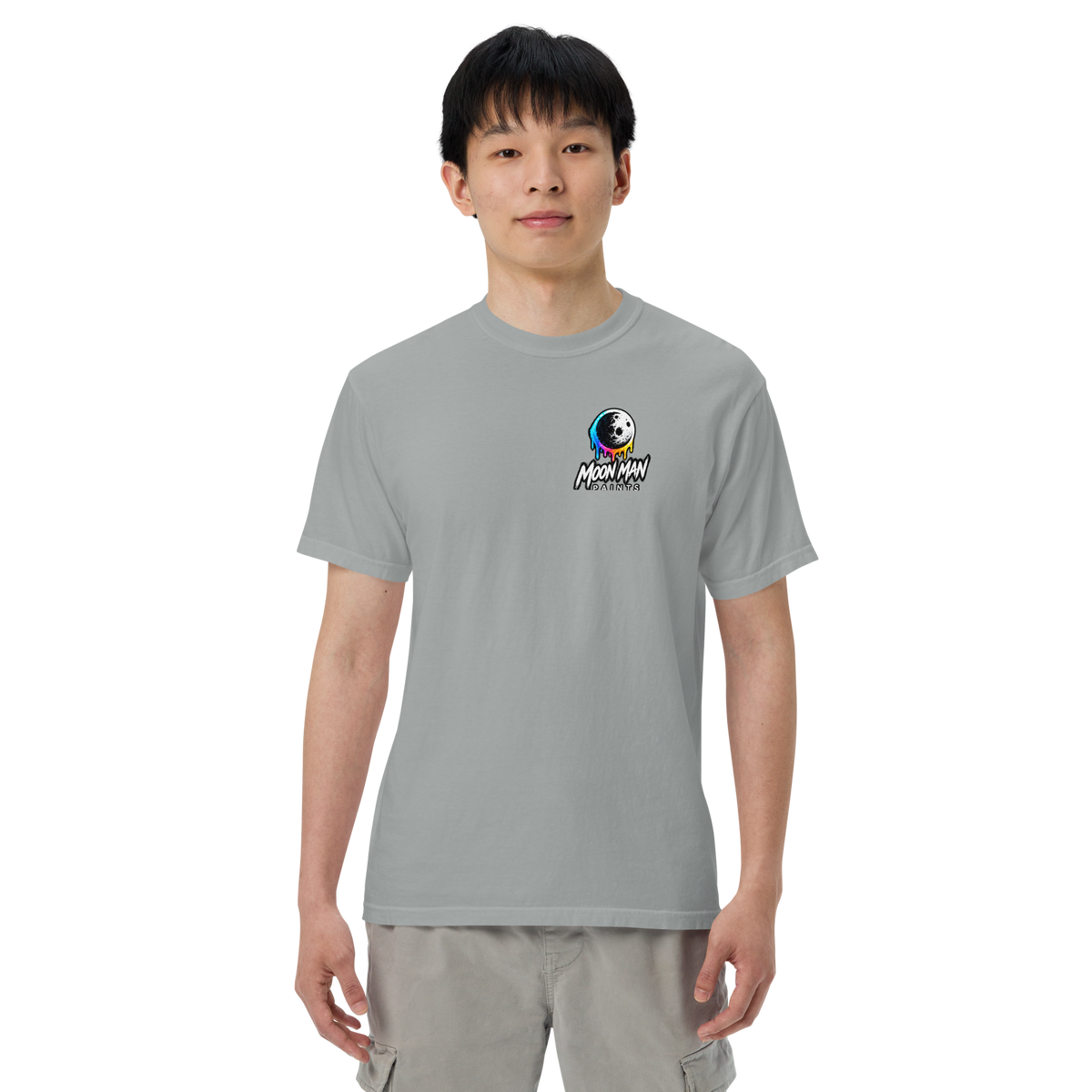 Moon Man Paints Paint Beyond Limits Heavyweight Tee — Light Colors — Granite — front view on man model