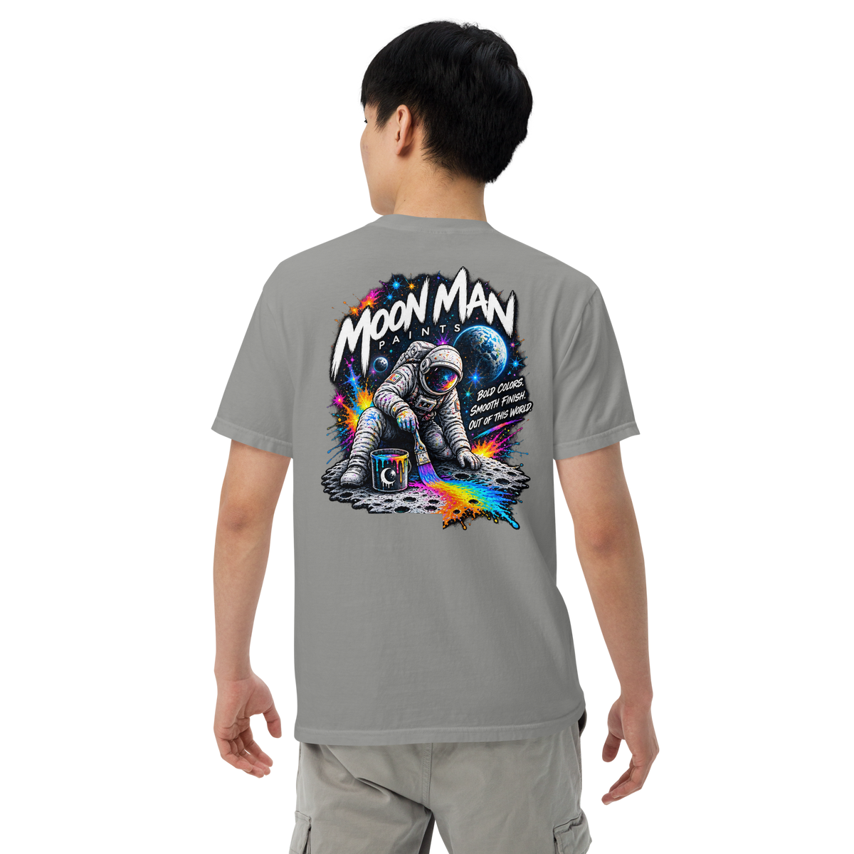 Moon Man Paints Paint Beyond Limits Heavyweight Tee — Light Colors — Grey — back view on man model