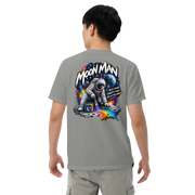Moon Man Paints Paint Beyond Limits Heavyweight Tee — Light Colors — Grey — back view on man model