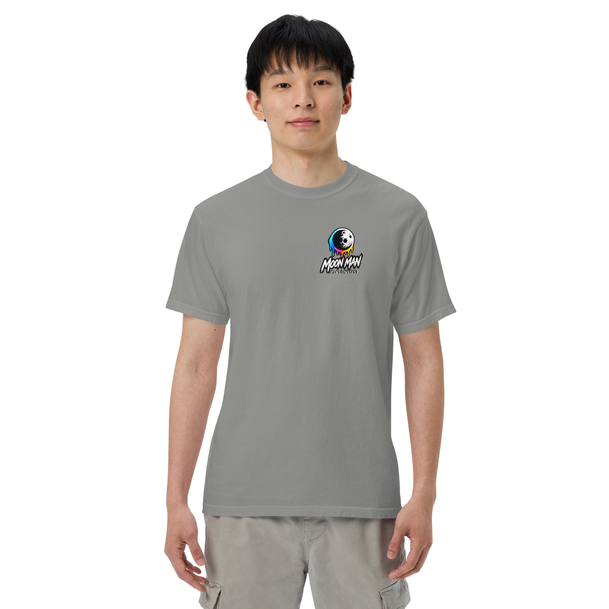 Moon Man Paints Paint Beyond Limits Heavyweight Tee — Light Colors — Grey — front view on man model