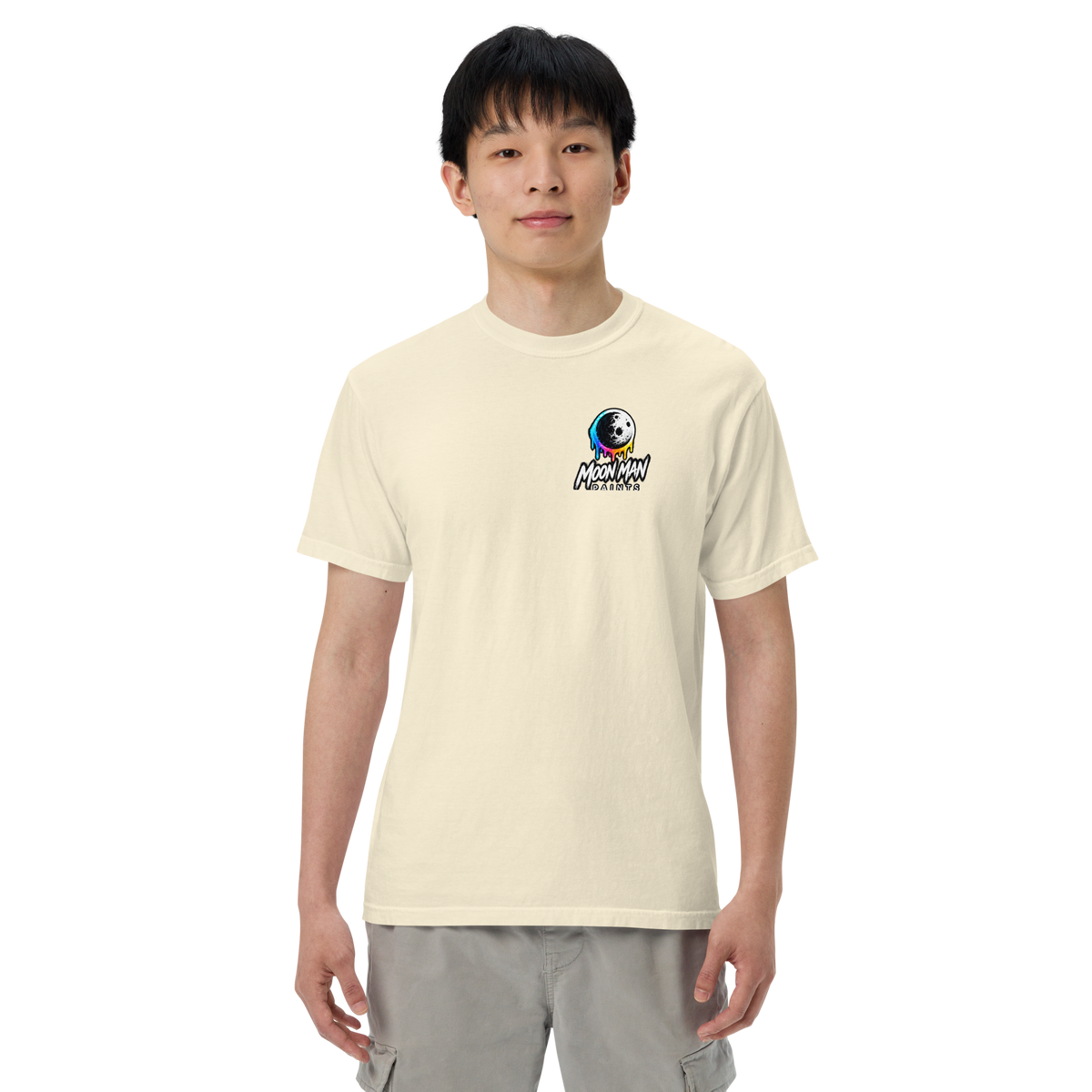 Moon Man Paints Paint Beyond Limits Heavyweight Tee — Light Colors — Ivory — front view on man model