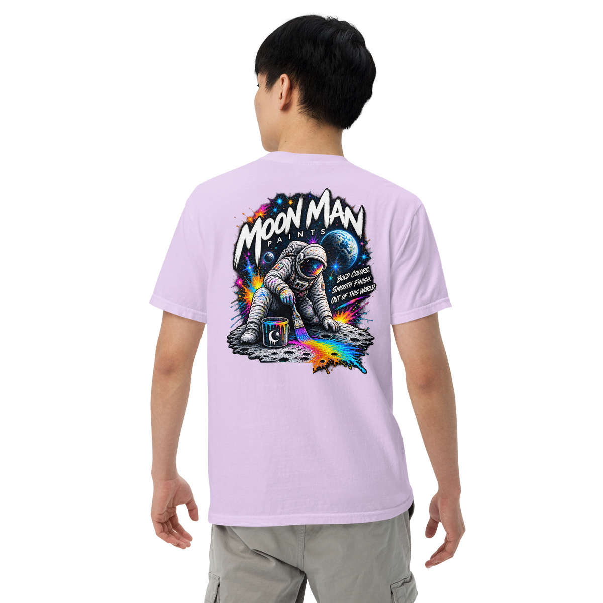 Moon Man Paints Paint Beyond Limits Heavyweight Tee — Light Colors — Orchid — back view on man model