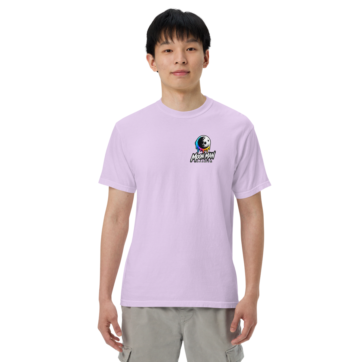 Moon Man Paints Paint Beyond Limits Heavyweight Tee — Light Colors — Orchid — front view on man model