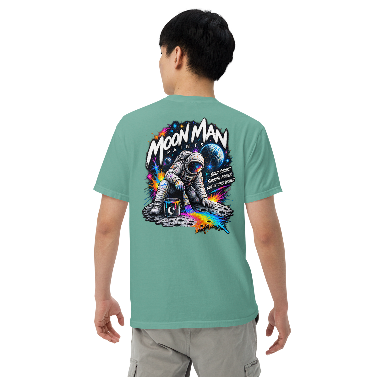 Moon Man Paints Paint Beyond Limits Heavyweight Tee — Light Colors — Seafoam — back view on man model