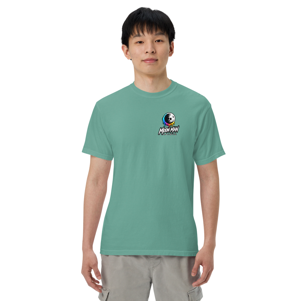 Moon Man Paints Paint Beyond Limits Heavyweight Tee — Light Colors — Seafoam — front view on man model