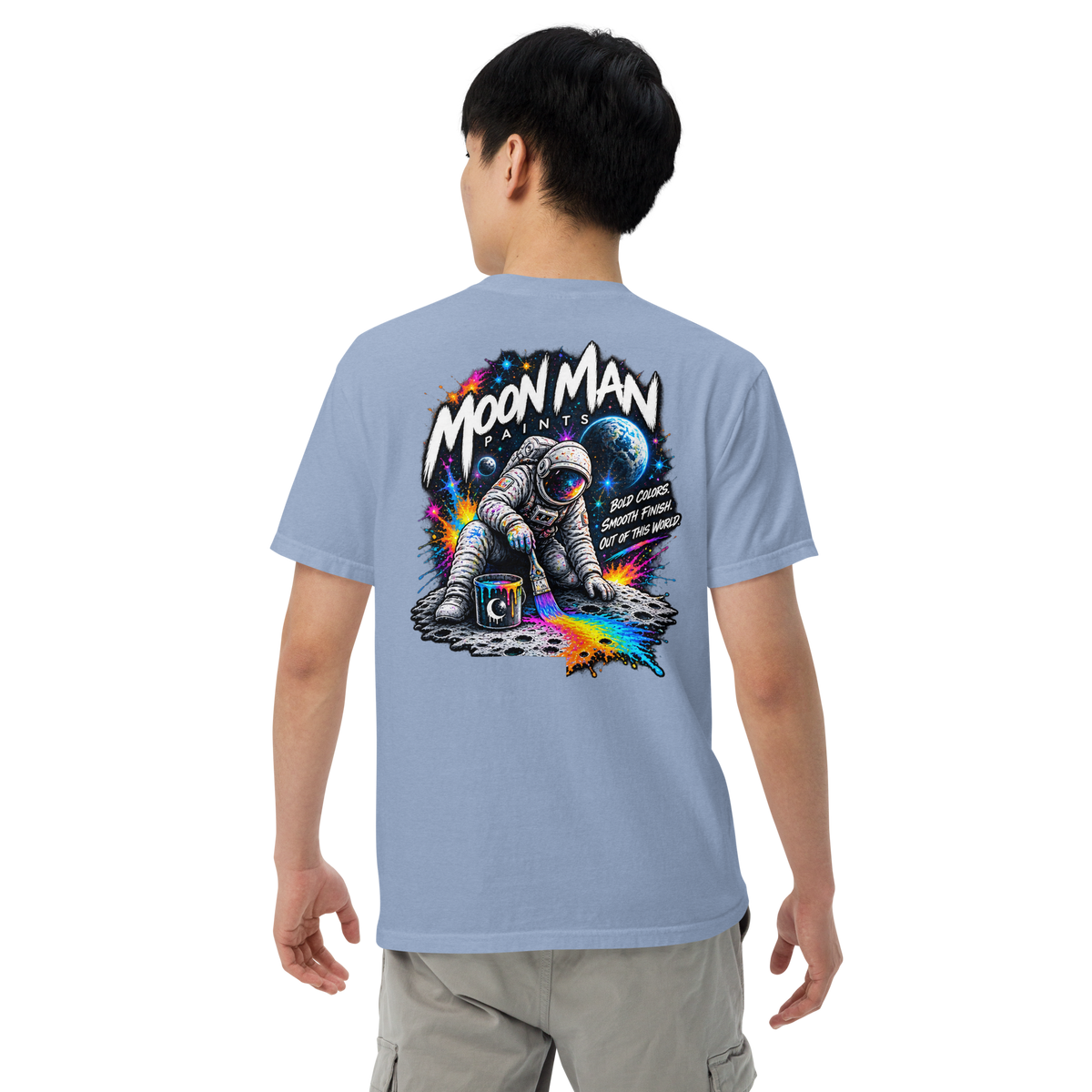 Moon Man Paints Paint Beyond Limits Heavyweight Tee — Light Colors — Washed Denim — back view on man model
