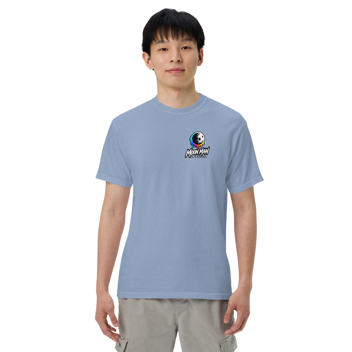 Moon Man Paints Paint Beyond Limits Heavyweight Tee — Light Colors — Washed Denim — front view on man model
