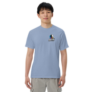 Moon Man Paints Paint Beyond Limits Heavyweight Tee — Light Colors — Washed Denim — front view on man model
