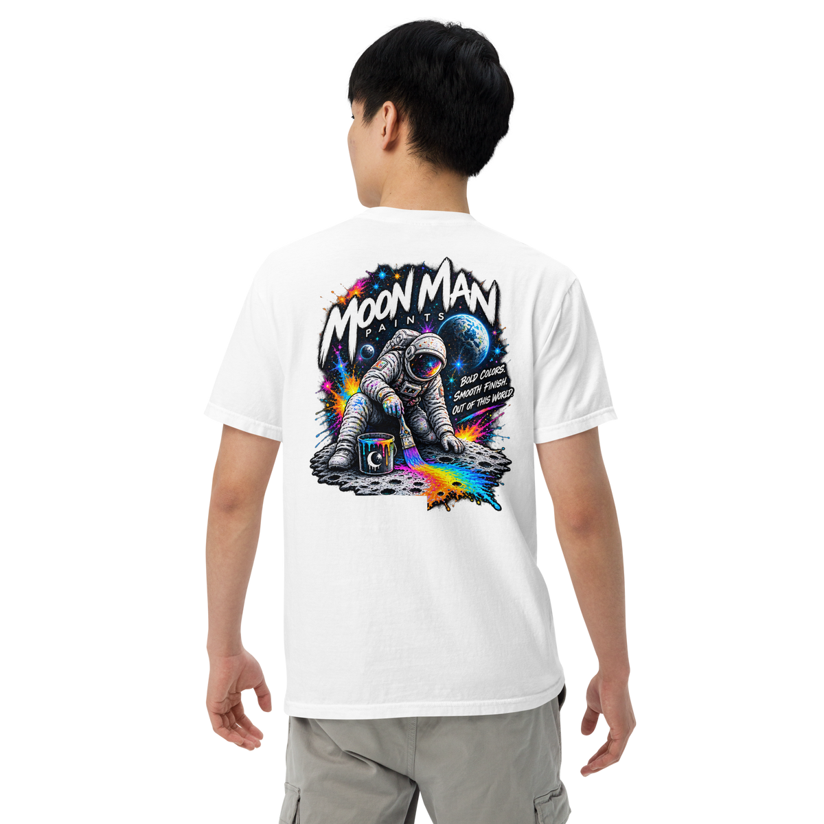 Moon Man Paints Paint Beyond Limits Heavyweight Tee — Light Colors — White — back view on man model