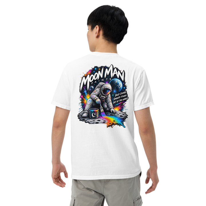 Moon Man Paints Paint Beyond Limits Heavyweight Tee — Light Colors — White — back view on man model