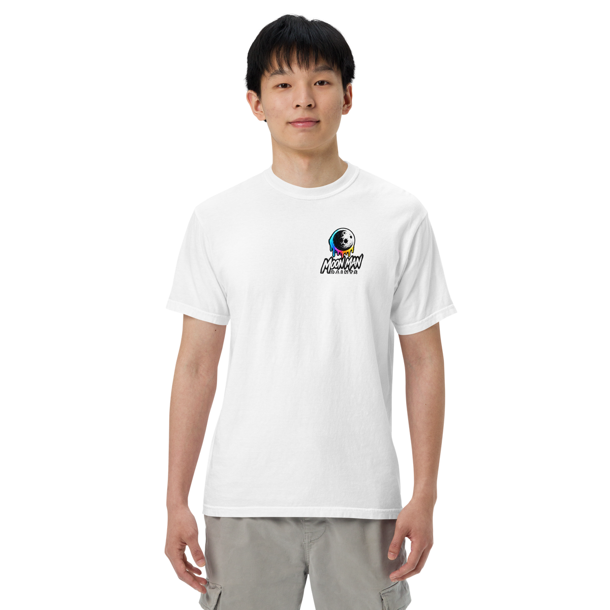 Moon Man Paints Paint Beyond Limits Heavyweight Tee — Light Colors — White — front view on man model