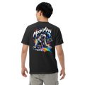 Moon Man Paints Paint Beyond Limits Heavyweight Tee — Dark Colors — Black — back view on man model