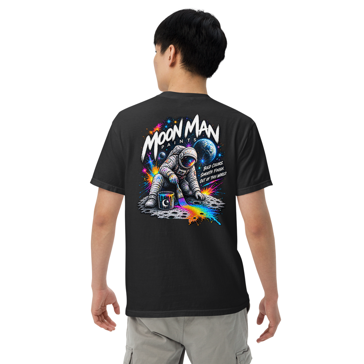 Moon Man Paints Paint Beyond Limits Heavyweight Tee — Dark Colors — Black — back view on man model