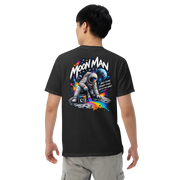 Moon Man Paints Paint Beyond Limits Heavyweight Tee — Dark Colors — Black — back view on man model