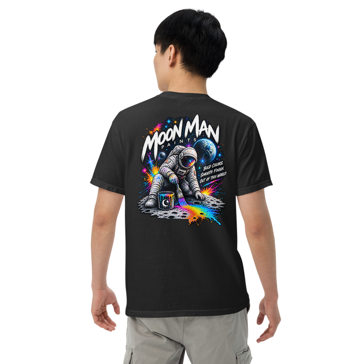 Moon Man Paints Paint Beyond Limits Heavyweight Tee — Dark Colors — Black — back view on man model