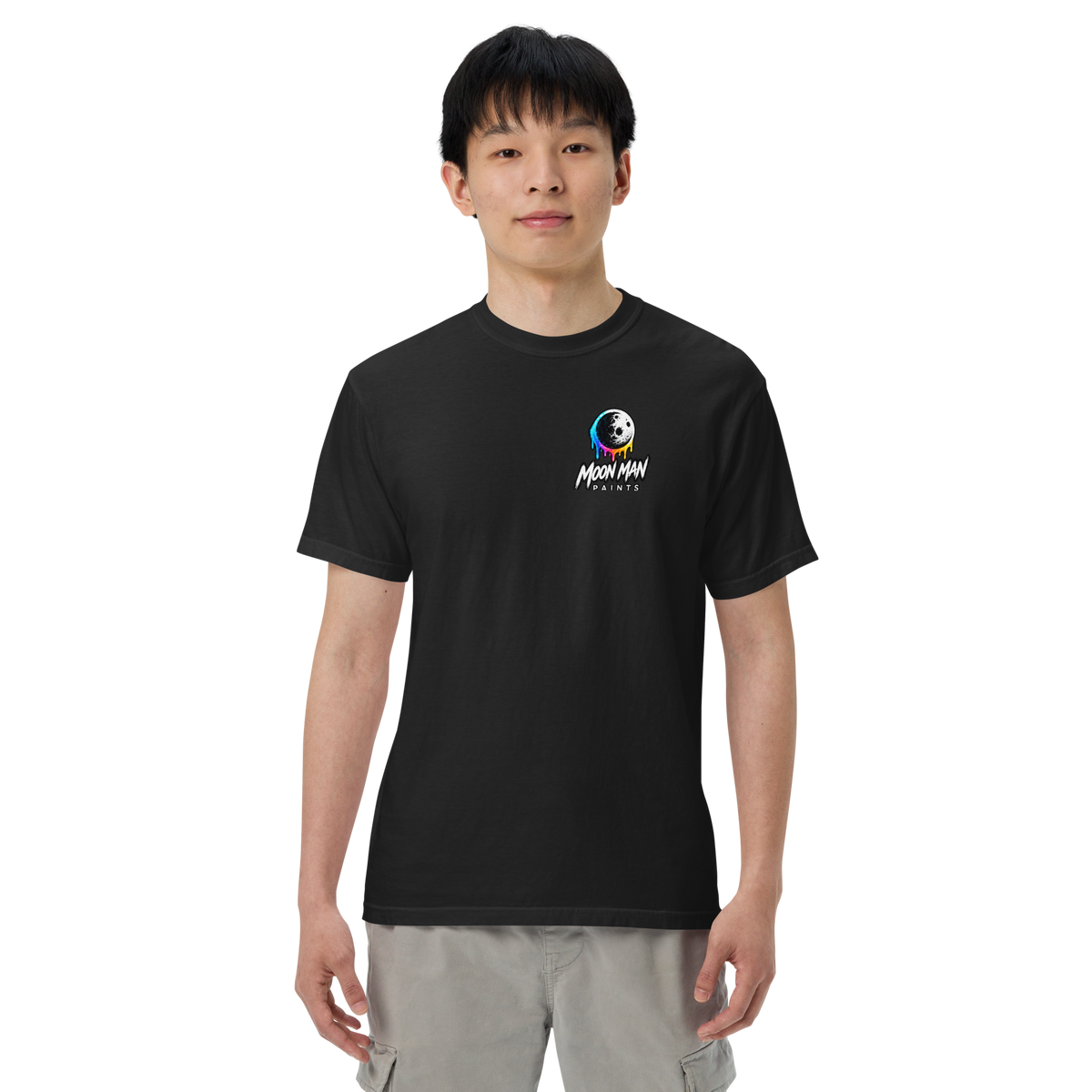 Moon Man Paints Paint Beyond Limits Heavyweight Tee — Dark Colors — Black — front view on man model