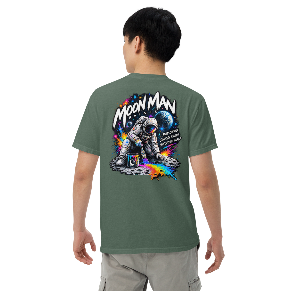Moon Man Paints Paint Beyond Limits Heavyweight Tee — Dark Colors — Blue Spruce — back view on man model