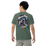 Moon Man Paints Paint Beyond Limits Heavyweight Tee — Dark Colors — Blue Spruce — back view on man model