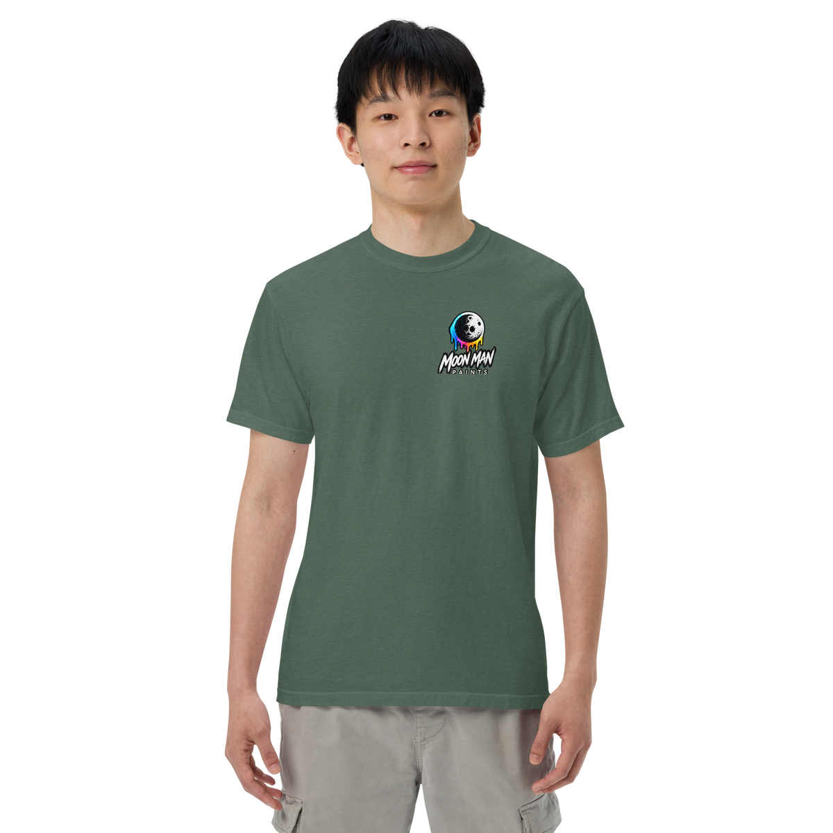Moon Man Paints Paint Beyond Limits Heavyweight Tee — Dark Colors — Blue Spruce — front view on man model
