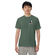 Moon Man Paints Paint Beyond Limits Heavyweight Tee — Dark Colors — Blue Spruce — front view on man model