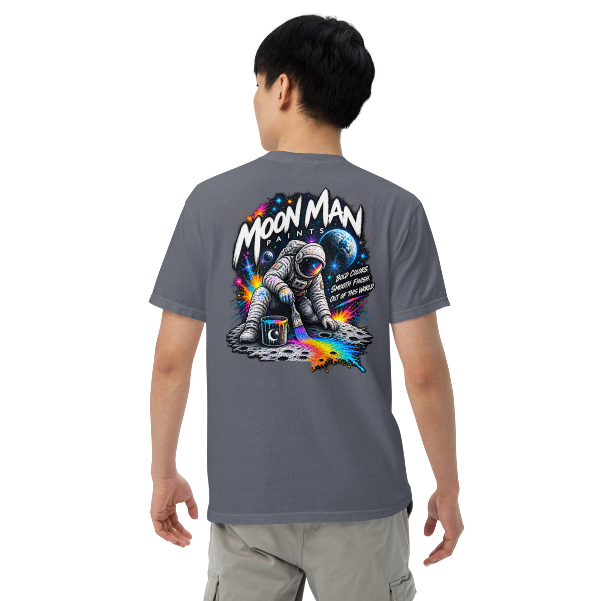 Moon Man Paints Paint Beyond Limits Heavyweight Tee — Dark Colors — Denim — back view on man model