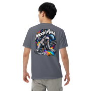Moon Man Paints Paint Beyond Limits Heavyweight Tee — Dark Colors — Denim — back view on man model