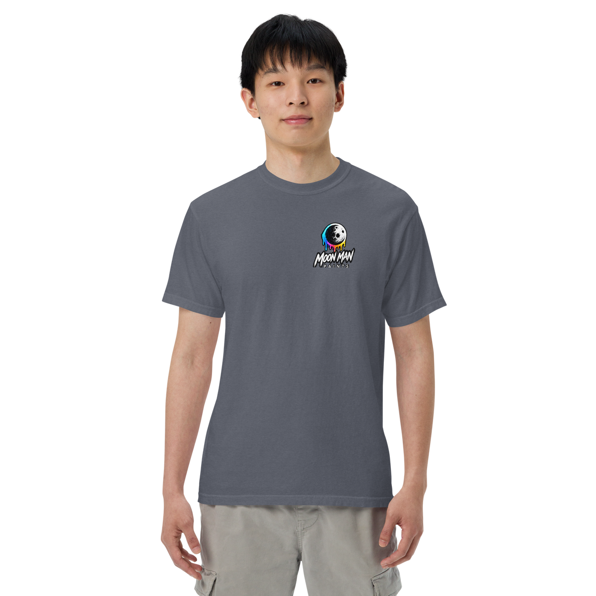 Moon Man Paints Paint Beyond Limits Heavyweight Tee — Dark Colors — Denim — front view on man model