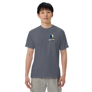 Moon Man Paints Paint Beyond Limits Heavyweight Tee — Dark Colors — Denim — front view on man model