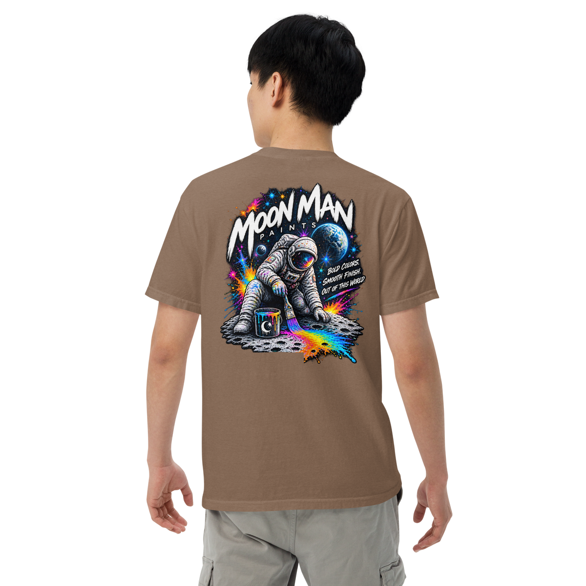 Moon Man Paints Paint Beyond Limits Heavyweight Tee — Dark Colors — Espresso — back view on man model