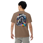 Moon Man Paints Paint Beyond Limits Heavyweight Tee — Dark Colors — Espresso — back view on man model
