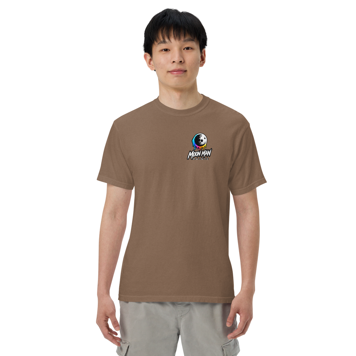 Moon Man Paints Paint Beyond Limits Heavyweight Tee — Dark Colors — Espresso — front view on man model