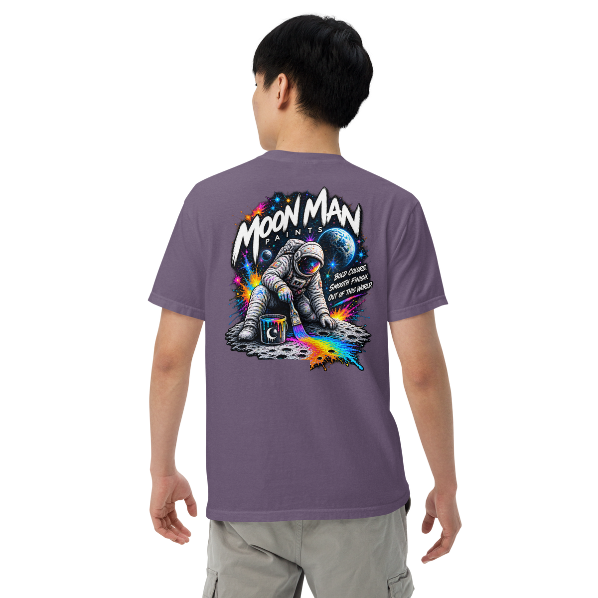 Moon Man Paints Paint Beyond Limits Heavyweight Tee — Dark Colors — Grape — back view on man model