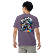 Moon Man Paints Paint Beyond Limits Heavyweight Tee — Dark Colors — Grape — back view on man model