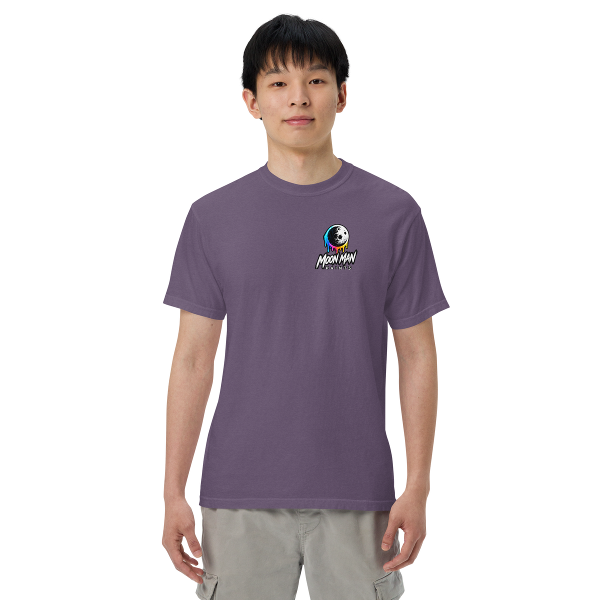 Moon Man Paints Paint Beyond Limits Heavyweight Tee — Dark Colors — Grape — front view on man model