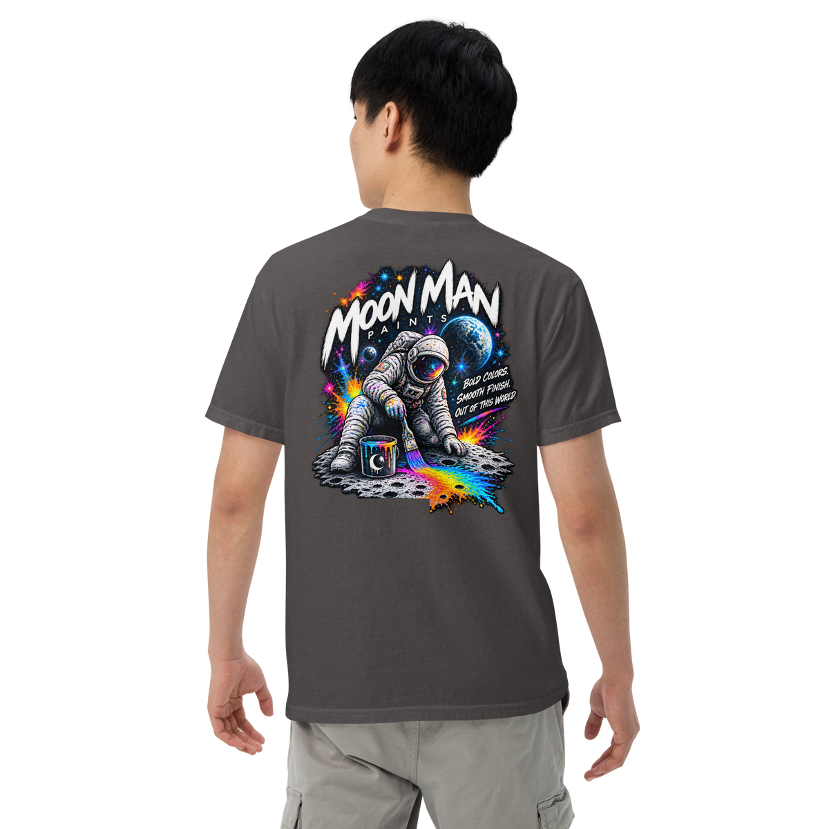 Moon Man Paints Paint Beyond Limits Heavyweight Tee — Dark Colors — Graphite — back view on man model