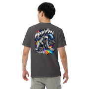 Moon Man Paints Paint Beyond Limits Heavyweight Tee — Dark Colors — Graphite — back view on man model
