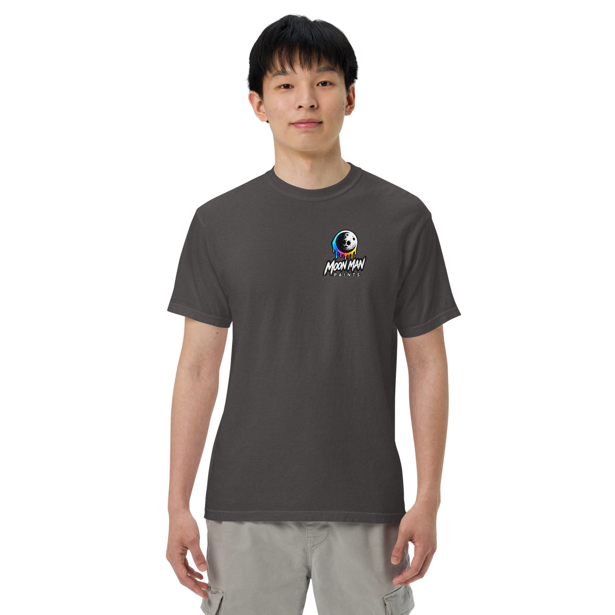 Moon Man Paints Paint Beyond Limits Heavyweight Tee — Dark Colors — Graphite — front view on man model