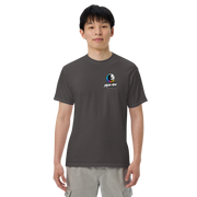 Moon Man Paints Paint Beyond Limits Heavyweight Tee — Dark Colors — Graphite — front view on man model