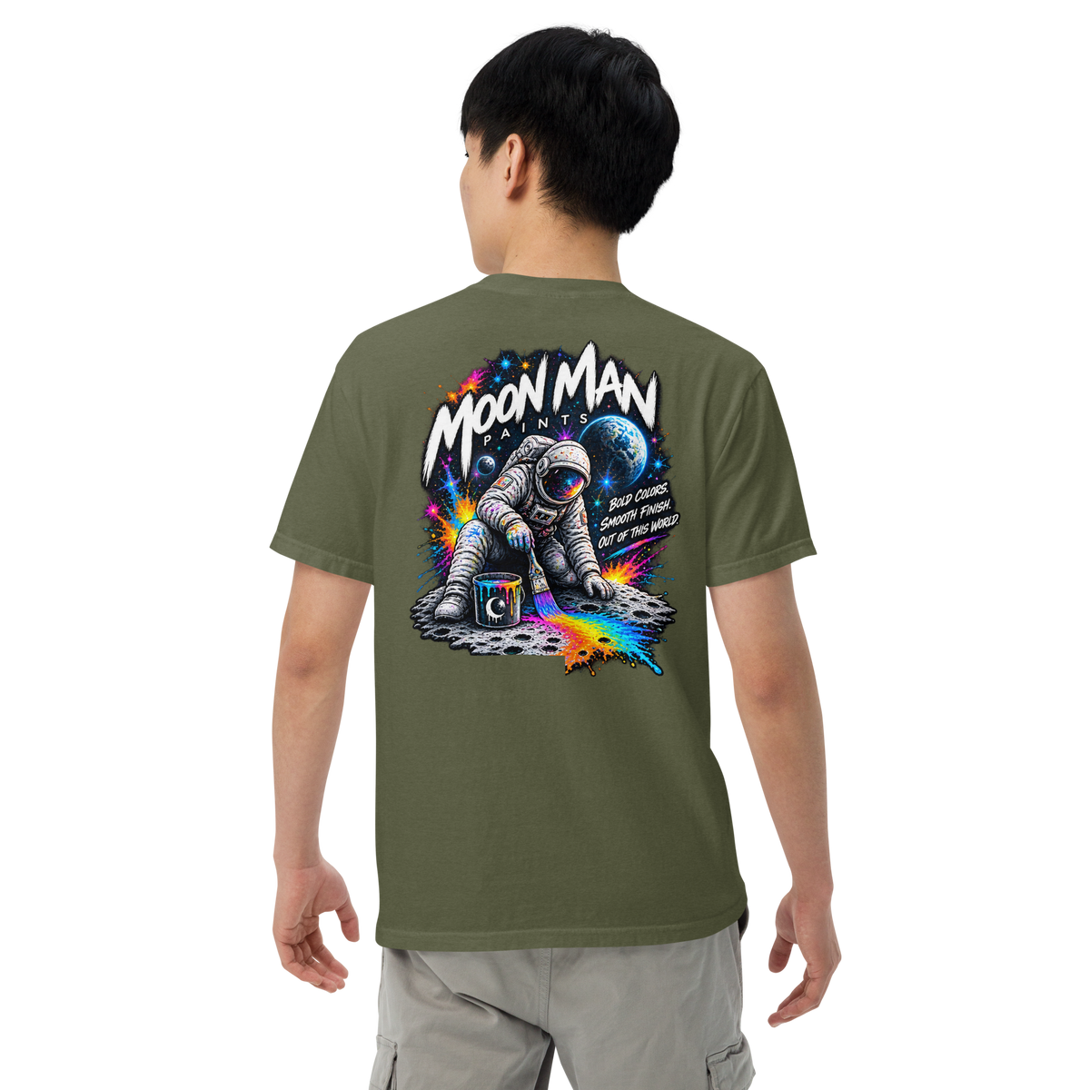 Moon Man Paints Paint Beyond Limits Heavyweight Tee — Dark Colors — Hemp — back view on man model