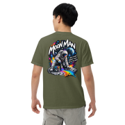 Moon Man Paints Paint Beyond Limits Heavyweight Tee — Dark Colors — Hemp — back view on man model