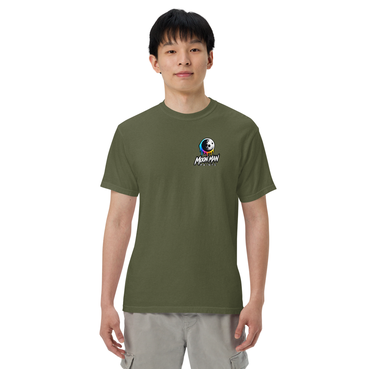 Moon Man Paints Paint Beyond Limits Heavyweight Tee — Dark Colors — Hemp — front view on man model