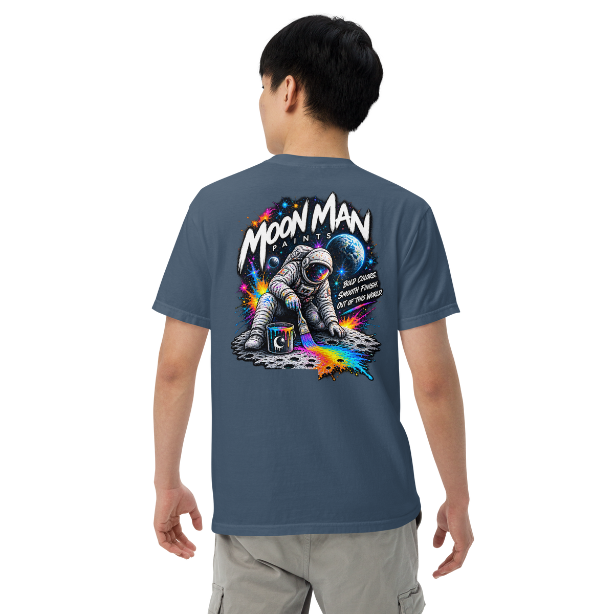 Moon Man Paints Paint Beyond Limits Heavyweight Tee — Dark Colors — Midnight — back view on man model
