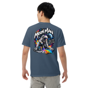 Moon Man Paints Paint Beyond Limits Heavyweight Tee — Dark Colors — Midnight — back view on man model