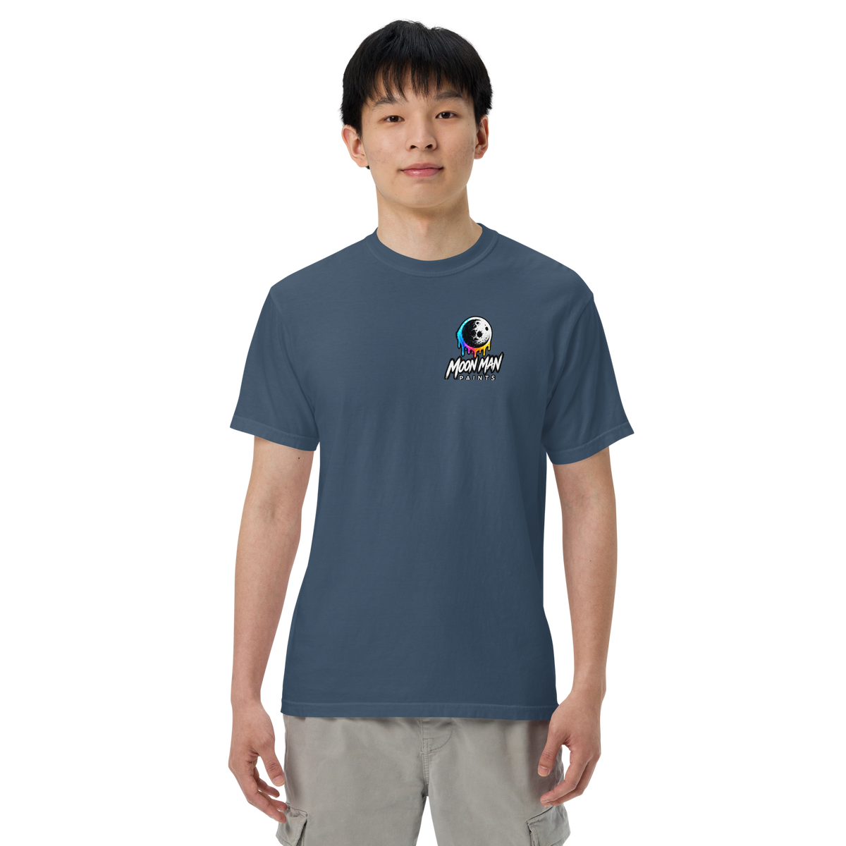 Moon Man Paints Paint Beyond Limits Heavyweight Tee — Dark Colors — Midnight — front view on man model